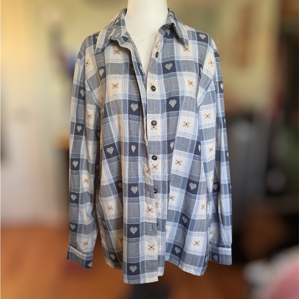Alfred Dunner Blue and Cream Plaid Heart Shirt